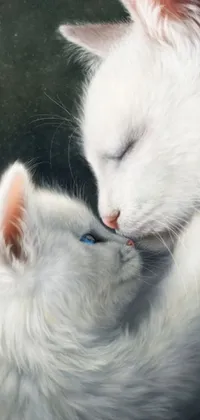 This phone live wallpaper showcases two lovely white cats captured in a photorealistic painting