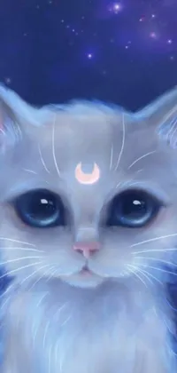 If you're looking for a captivating live wallpaper for your phone, look no further than this stunning digital artwork depicting a white cat with a crescent moon on its forehead