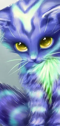 This phone live wallpaper features a digital painting of a yellow-eyed cat with blue and purple fur, inspired by furry art