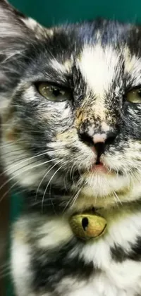 This phone live wallpaper features a close-up of a female cat wearing a pink collar with a bell