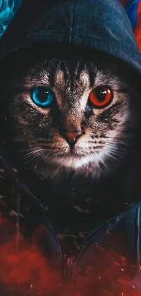 This blue and red live phone wallpaper features digital art of a cat in a hoodie with a portrait of a vigilant expression