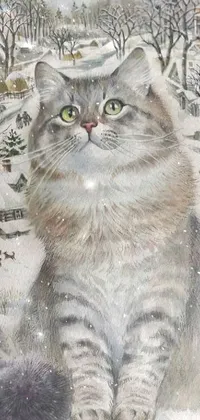 Looking for a serene and magical live wallpaper for your phone? Check out this stunning painting of a cat sitting in the snow! Featuring traditional Russian ornaments on the cat's fur and the village buildings, this detailed artwork by a cg society contest winner is sure to transport you to a peaceful winter wonderland