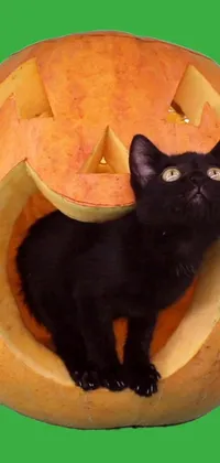 This phone live wallpaper features a captivating image of a black cat lounging inside an orange pumpkin