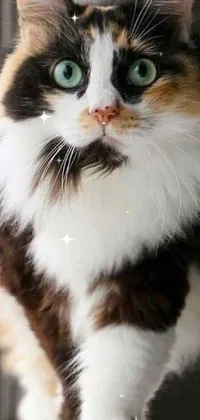 This phone live wallpaper features a beautiful calico cat walking towards the camera