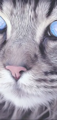 This close up cat phone live wallpaper features striking blue eyes and a silver and blue color scheme