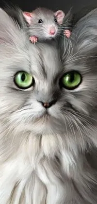 This live phone wallpaper features a photorealistic painting of a fluffy green maned cat with a mouse perched on its head, creating a playful and adorable scene