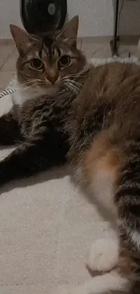 This live wallpaper for phones features a realistic image of a brown and black-striped cat, lying on a carpet with toys strewn around