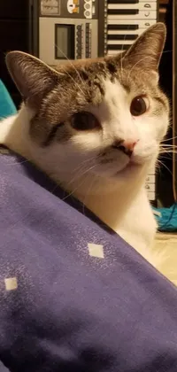 This phone live wallpaper features a close-up view of a cute and fluffy cat lounging on a cozy bed