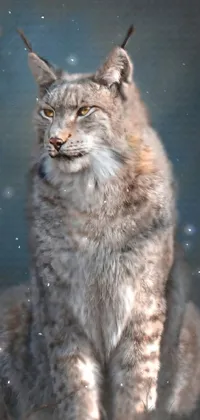 Enjoy a breathtaking live wallpaper for your phone featuring a realistic depiction of a furry lynx sitting atop a snowy landscape