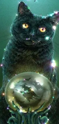 This phone live wallpaper depicts a black cat cradling a magical crystal ball in its paws