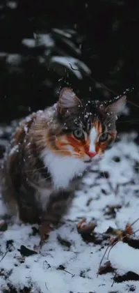 Introducing a mesmerizing live wallpaper for your phone depicting a photorealistic calico cat standing in the snow