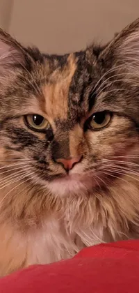 Looking for a cat-themed live wallpaper for your phone? This one features a close-up portrait of a serious-looking calico Maine Coon cat, taken in 2020