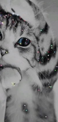 This live wallpaper features a black and white photo of a cat with a Tumblr aesthetic