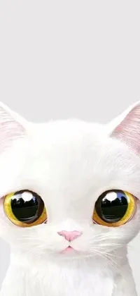 This phone live wallpaper features a strikingly realistic depiction of a white cat with bright yellow eyes