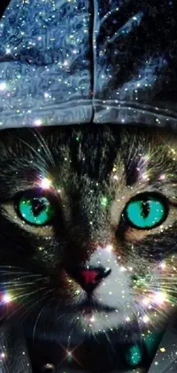 Looking for a new and exciting live wallpaper for your phone? Check out this stunning and unique digital art featuring a close-up of a cat wearing a hoodie! The image is full of glittering light and refracted sparkles, which create a magical and mesmerizing effect on your phone screen