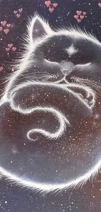 This phone live wallpaper features an adorable furry feline surrounded by airbrushed hearts on a cosmic dream-like background