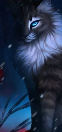 This phone live wallpaper features a breathtaking digital painting of a cat with blue eyes in snowy surroundings