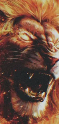 This phone live wallpaper depicts a close-up of a lion with its mouth open and fiery orange and red gradient in the background