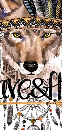 This phone live wallpaper showcases a spectacular image of a wolf adorned with a striking Indian headdress, featuring an innovative blend of picture, graffiti, and stylized lettering, complete with a beautiful hairy fox artwork background