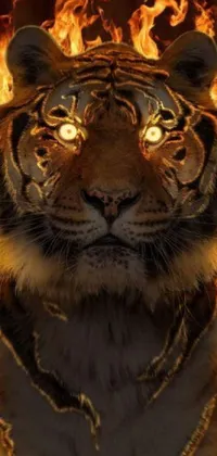 This dynamic live wallpaper showcases a fierce tiger engulfed in flames against a stark black backdrop, generating a captivating and fiery visual on a mobile device screen