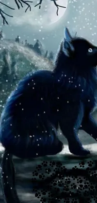 This phone live wallpaper showcases a stunning digital painting of a black cat sitting on a rocky surface covered in snow, situated beneath a tree