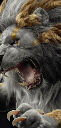 This live phone wallpaper boasts stunning digital artwork of a lion with its mouth wide open in intricate detail