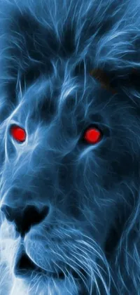 This mesmerizing live wallpaper depicts a close-up of a majestic lion, featuring glowing red eyes and a swirling blue energy mane