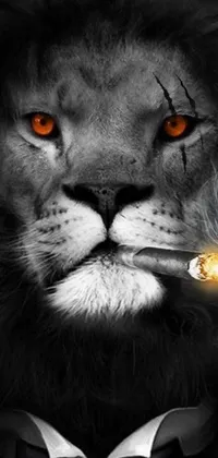 This phone live wallpaper showcases a stylish lion in a tuxedo, smoking and surrounded by a dark jungle shrouded in black and gold smoke ink
