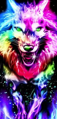 This phone live wallpaper showcases a magnificent 2D digital art of a colorful wolf with glowing eyes on a black background