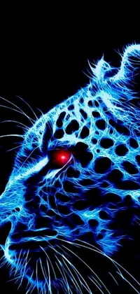 A captivating live wallpaper featuring the face of a leopard, surrounded by blue and red lighting against a black background