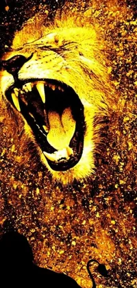 This live phone wallpaper showcases a fierce lion close-up with an open mouth displaying a powerful roar in a bold poster art style