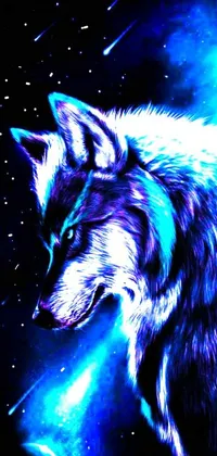 This wolf live wallpaper features a stunning image of the majestic animal standing in the dark with a blue background
