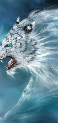 This phone live wallpaper boasts a stunning digital artwork of a white tiger with blue eyes