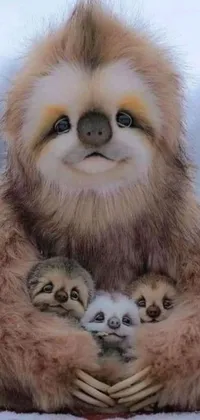 Introducing a charming live wallpaper featuring a heartwarming scene of a mother sloth and her baby snuggled up in the snowy wilderness
