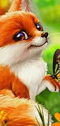 This live wallpaper showcases a stunning painting of a detailed fox and delicate butterfly