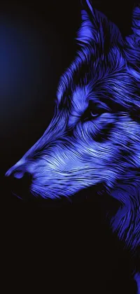 This phone wallpaper features a highly detailed illustration of a wolf set against a blue neon light and moonlit background