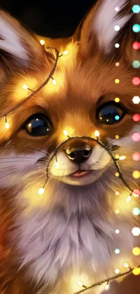 This Christmas-inspired live wallpaper showcases a digital painting of an adorable dog wearing Christmas lights around its neck