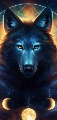 This phone live wallpaper features a magnificent wolf in front of a moon with intricate sacred geometry patterns in the background