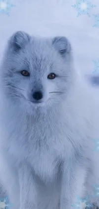 This white dog live wallpaper features a furry, stylised fox-like canine sitting atop a snow-covered ground