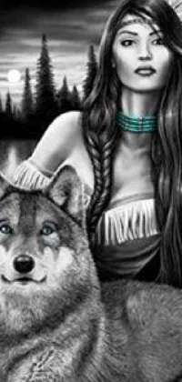 This stunning black and white phone live wallpaper depicts a skilled Apache warrior woman and a majestic wolf