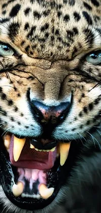 This leopard live wallpaper features a close-up of a fierce/big cat with an angry expression, captured in a hyper-realistic digital art form