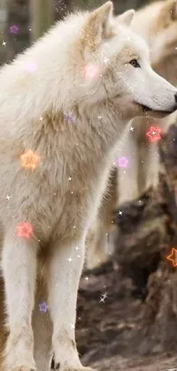 This phone wallpaper features two adorable white dogs standing side by side against a stunning starry backdrop