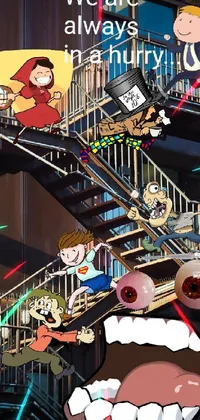 This phone live wallpaper features a colorful and intricate design with a "Always in a Hurry" sign and a Rube Goldberg-inspired picture