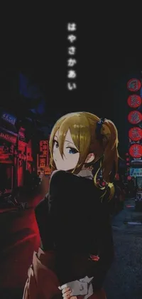 This phone live wallpaper features a captivating image of a woman standing calmly amidst the lively night scenery of a busy street