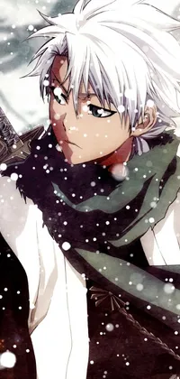 This live phone wallpaper showcases a striking portrait of a white-haired male with a sword