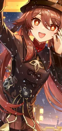 This phone live wallpaper features a charming anime waifu in a stylish hat amidst a spectacular fireworks display