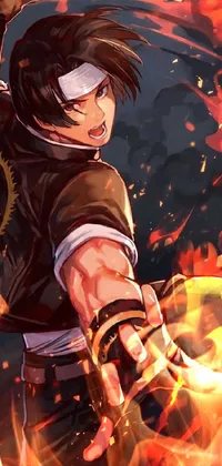 This live wallpaper showcases a stunning close up of a fierce individual with a raging fire in the background