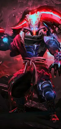 Looking for a stunning live wallpaper for your phone? Check out this concept art digital design featuring a rider on a motorcycle, red and black costume, and fuchsia skin below the armor