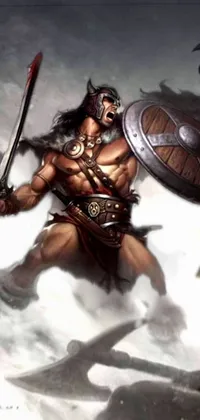 This live phone wallpaper depicts a strong and muscular Aztec warrior standing in the snow holding a sword and shield