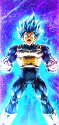 This live wallpaper for phones showcases Blue Vegeta from Dragon Ball in hologram form with a Sots Art background
